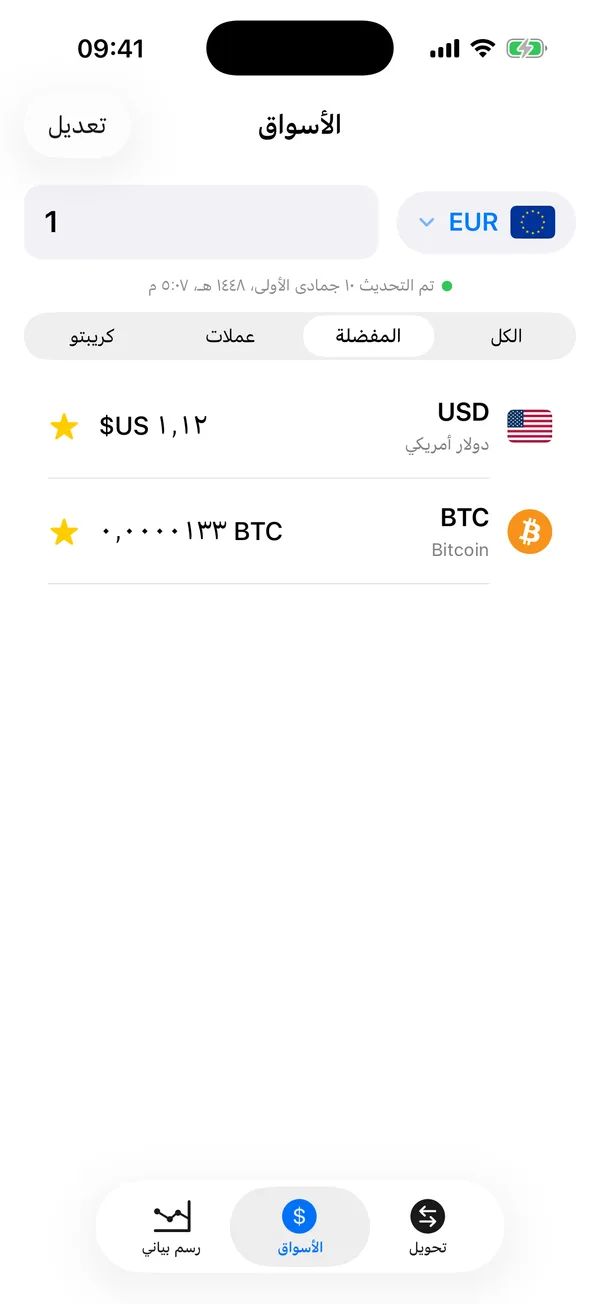 مرشّح المفضّلات في Divix يُظهر الدولار الأمريكي وبيتكوين مع علامة نجمة