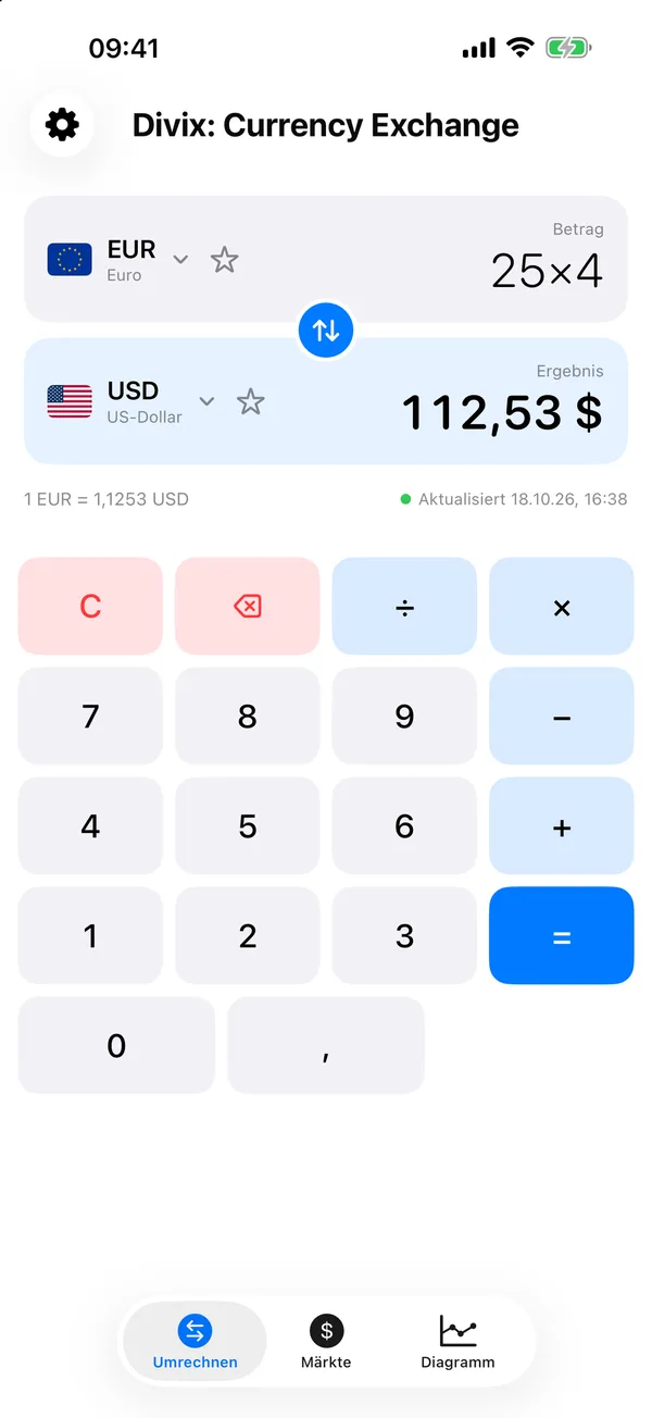 Divix-Umrechnungsbildschirm: 250 Euro umgerechnet in 281,33 US-Dollar, darunter die Taschenrechner-Tastatur
