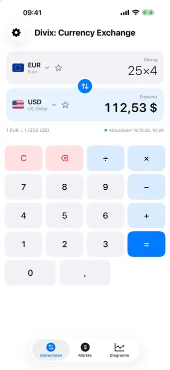 Die Divix-App rechnet 250 Euro in Dollar um, tauscht auf Dollar und Euro, wählt Bitcoin, speichert Favoriten und öffnet das Verlaufsdiagramm