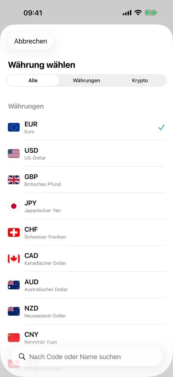 Divix-Währungsauswahl mit dem Filter Krypto, der Bitcoin, Ethereum, Tether, BNB und Solana zeigt