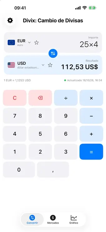 La app Divix convirtiendo 250 euros a dólares, invirtiendo la conversión, eligiendo Bitcoin, guardando favoritos y abriendo el gráfico de evolución