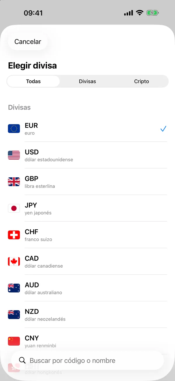 Selector de moneda de Divix con el filtro Cripto mostrando Bitcoin, Ethereum, Tether, BNB y Solana