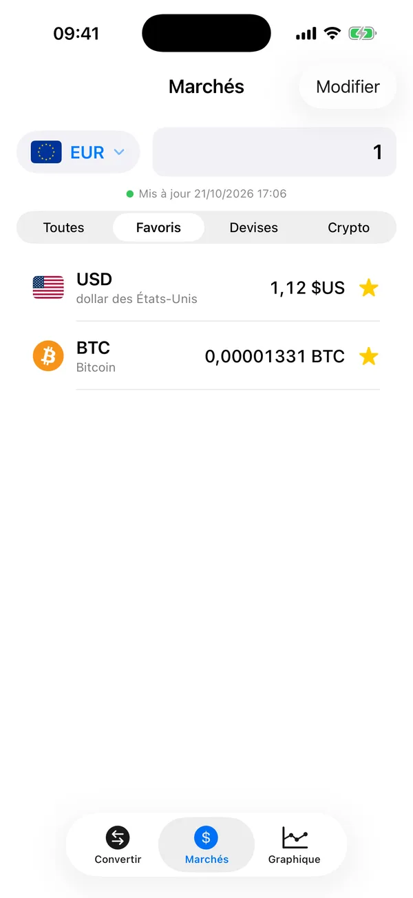 Filtre Favoris de Divix montrant le dollar américain et Bitcoin marqués d'une étoile