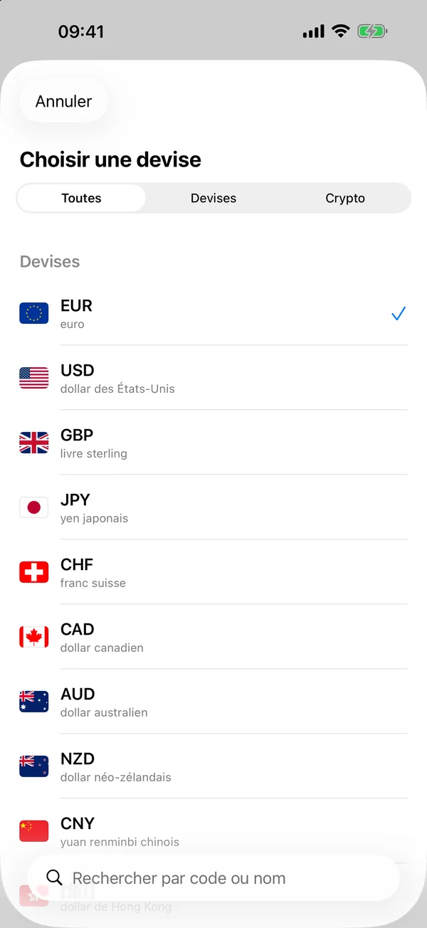 Sélecteur de devises Divix avec le filtre Crypto affichant Bitcoin, Ethereum, Tether, BNB et Solana
