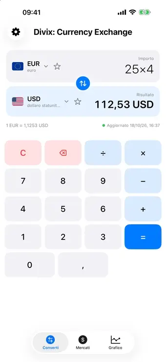 L'app Divix converte 250 euro in dollari, inverte in dollari ed euro, sceglie Bitcoin, salva i preferiti e apre il grafico dello storico