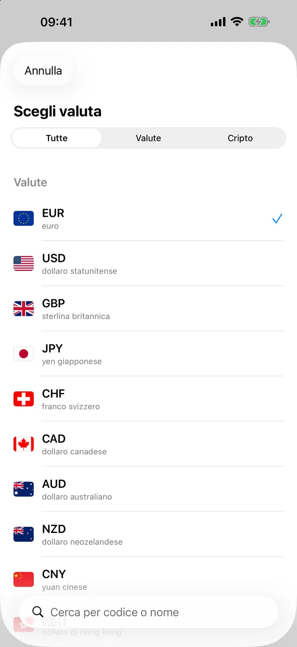 Selettore valute di Divix con il filtro Cripto che mostra Bitcoin, Ethereum, Tether, BNB e Solana