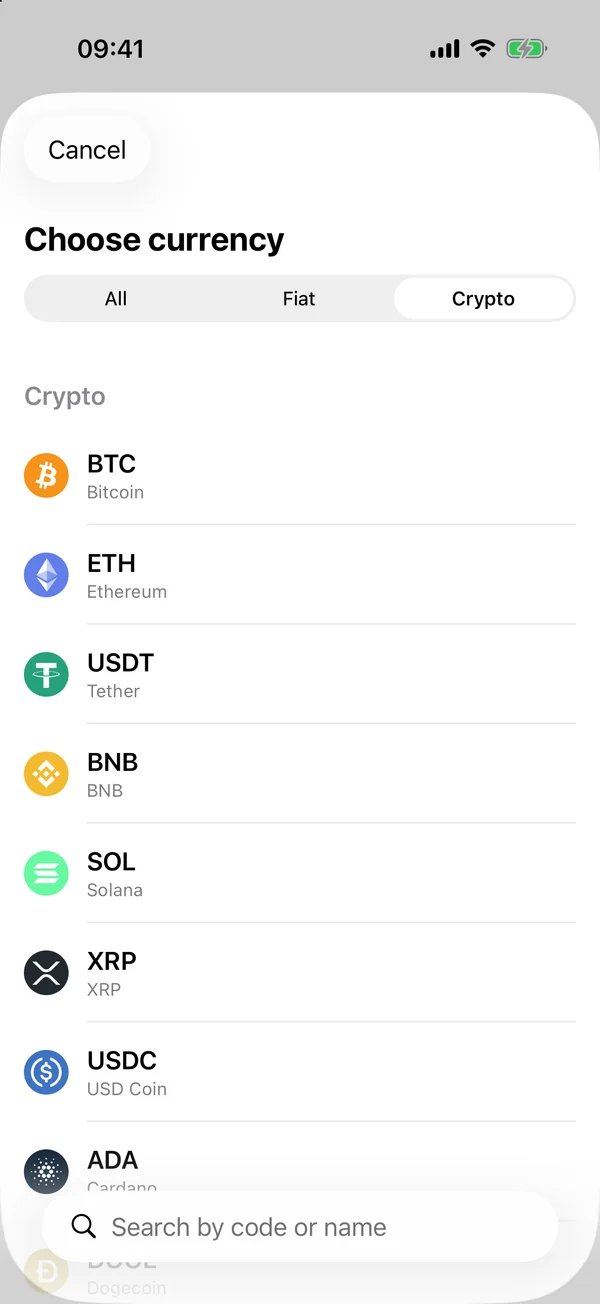 Divix currency picker with the Crypto filter showing Bitcoin, Ethereum, Tether, BNB and Solana