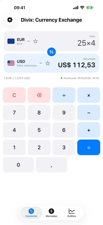A app Divix a converter 250 euros em dólares, a trocar para dólares e euros, a escolher Bitcoin, a guardar favoritos e a abrir o gráfico do histórico