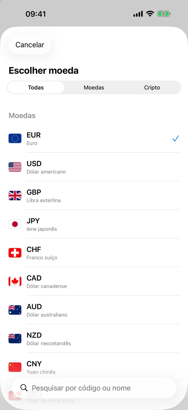 Seletor de moedas do Divix com o filtro Cripto a mostrar Bitcoin, Ethereum, Tether, BNB e Solana