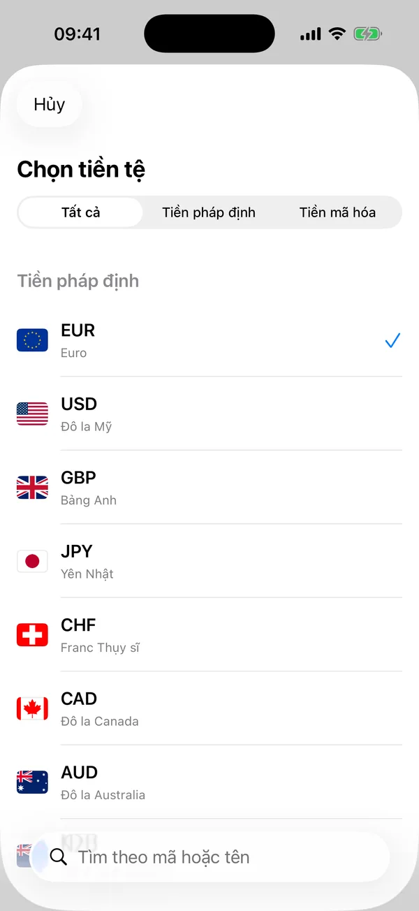Bộ chọn tiền tệ của Divix với bộ lọc Tiền mã hóa hiển thị Bitcoin, Ethereum, Tether, BNB và Solana