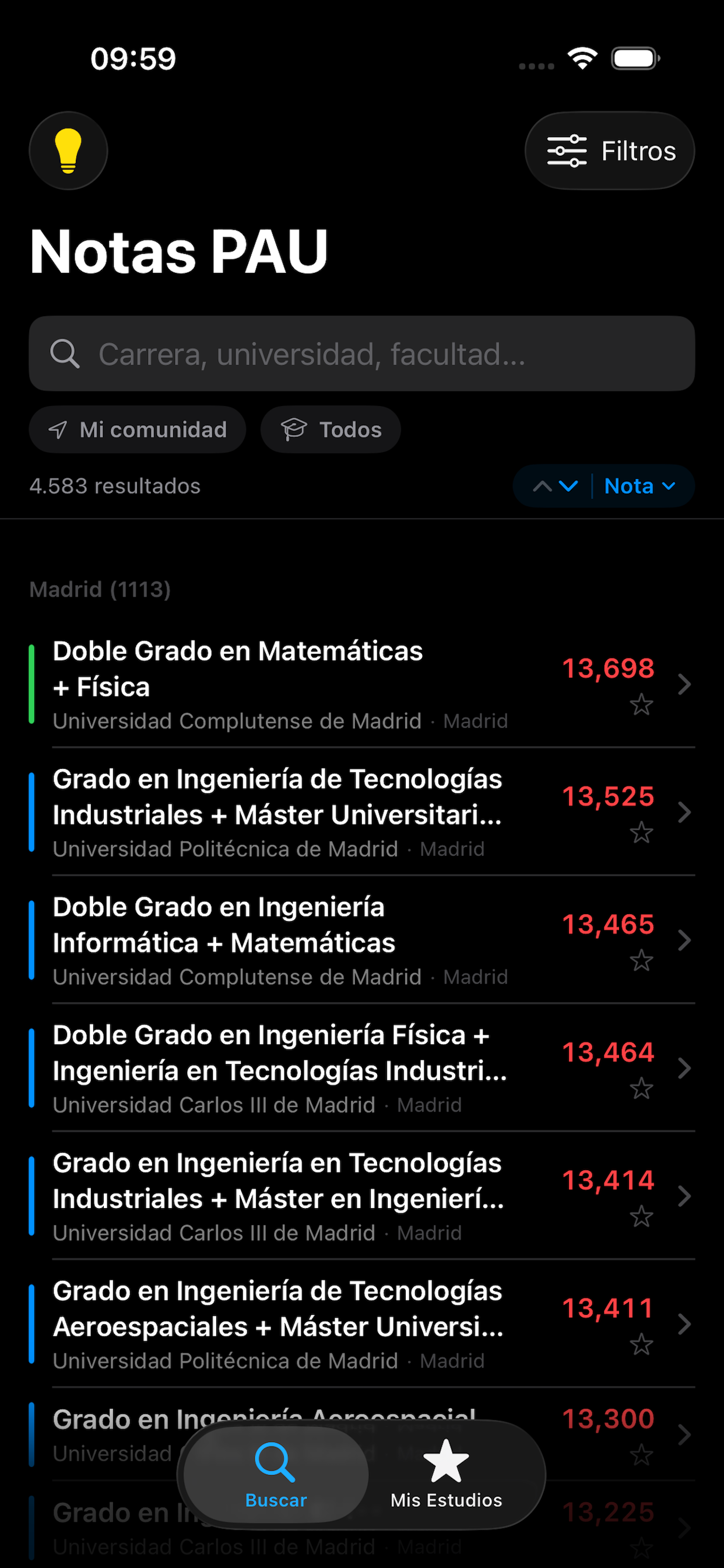 Notas PAU — Lista de carreras